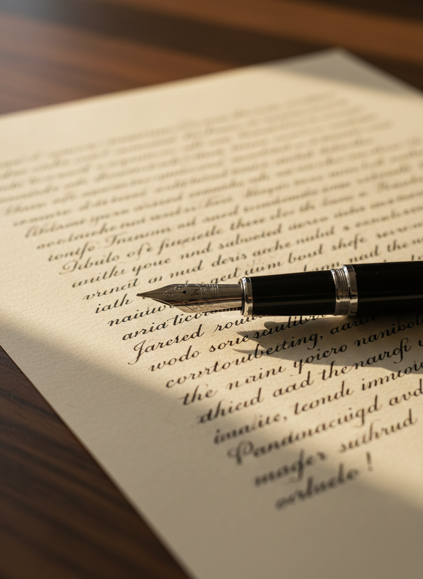 A close-up, photographic image of an elegant black fountain pen with a finely engraved silver nib resting diagonally on a sheet of heavy, cream-colored writing paper. The paper is covered with flowing, handwritten lines in a rich dark ink, slightly out of focus toward the edges so the shapes of the text dominate without being legible. The scene is set on a dark wooden desk with a subtle grain, lit by soft, warm afternoon light from the left, creating gentle shadows and a calm, contemplative mood. Shot at eye level with a shallow depth of field, emphasizing texture, clarity, and the sophistication of thoughtful writing and language.