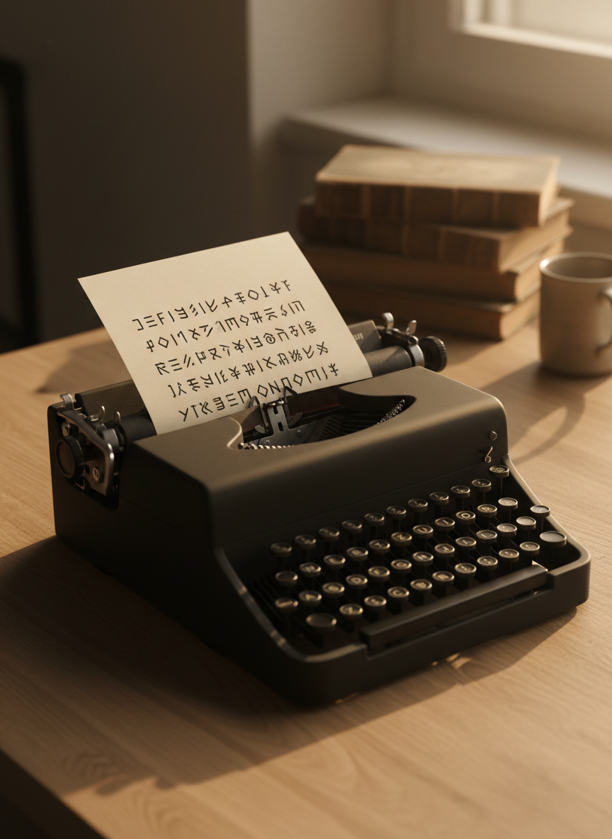 A vintage mechanical typewriter in deep matte black, photographed from a slightly elevated angle, sits on a simple oak table. A single sheet of bright white paper is rolled into the carriage, bearing several crisp lines of evenly spaced, abstract characters that evoke text without being readable. Late-afternoon golden light streams in from an unseen window to the right, casting long, warm shadows of the typewriter keys across the tabletop. In the blurred background, faint outlines of stacked books and a ceramic mug hint at a writing space. The mood is nostalgic yet refined, with photographic realism and a shallow depth of field emphasizing the physicality of written language and the craft of storytelling.