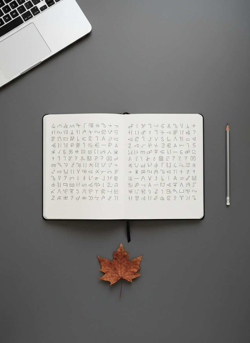 A minimalist, photographic overhead view of an open hardcover notebook with ivory pages, positioned precisely in the center of a matte charcoal-gray desk. Lines of neat, abstract markings and symbols suggest written language without forming real words, placing text shapes in the foreground. Around the notebook lie a closed laptop, a fine graphite pencil, and a single dried leaf, all carefully spaced. Diffused natural window light from above bathes the scene in soft, neutral tones, with almost no shadows, creating a quiet, intellectual atmosphere. The composition follows strict symmetry and clean lines, conveying clarity, focus, and sophisticated reflection on communication and storytelling.